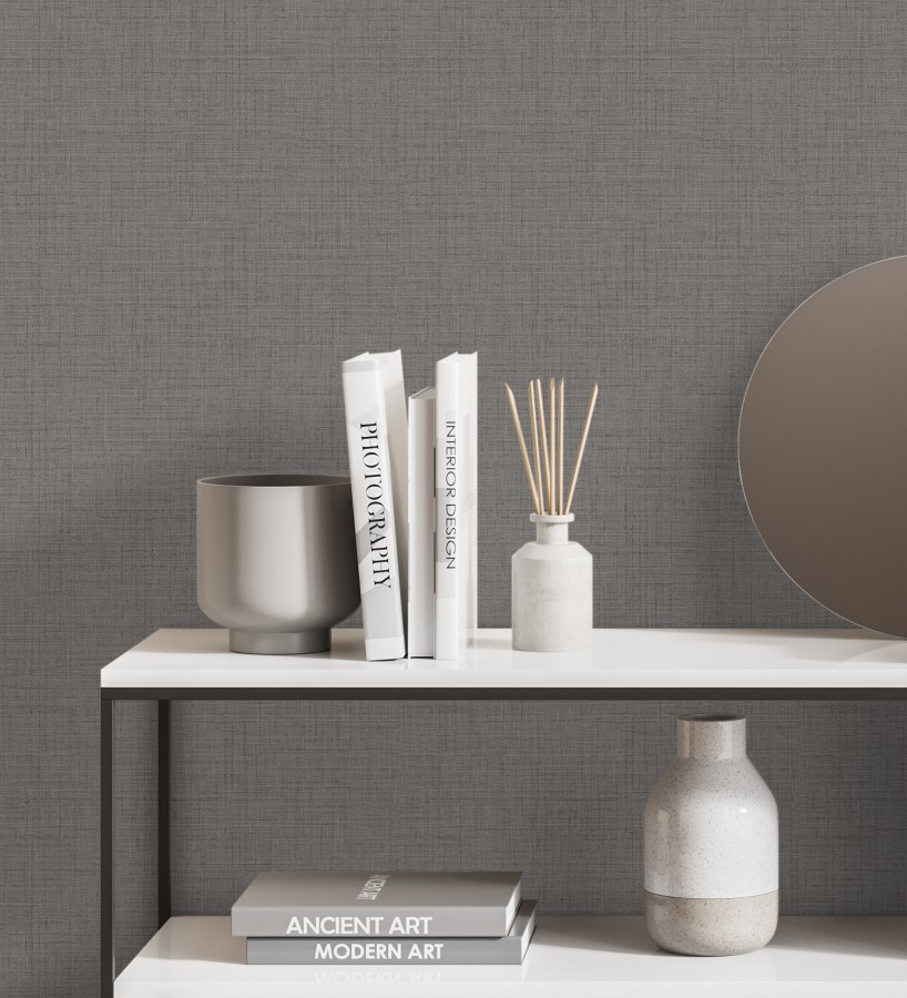 Papel pintado efecto lino fondo gris carbón textura en relieve blando  Neville Texture 683629