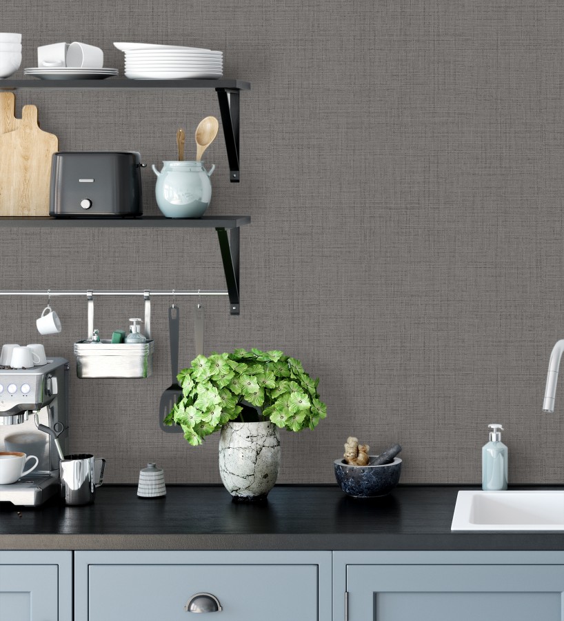 Papel pintado efecto lino fondo gris carbón textura en relieve blando  Neville Texture 683629