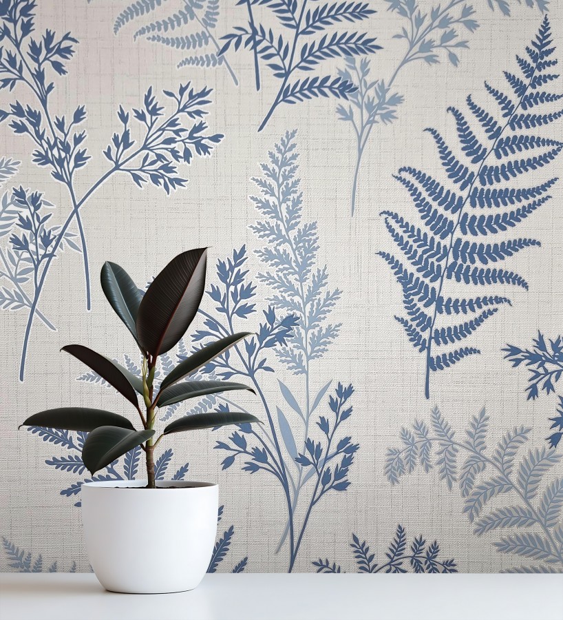 Papel pintado de ramas y hojas color azul con perfilados nacarados  Oslo Sylvan 683630