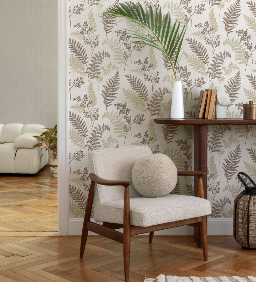 Papel pintado de ramas y hojas color marrón y beige con perfilados nacarados  Oslo Sylvan 683631