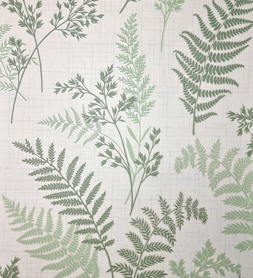 Papel pintado de ramas y hojas color verde con perfilados nacarados  Oslo Sylvan 683632