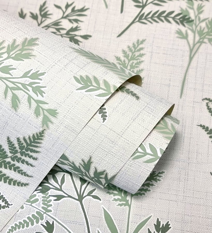 Papel pintado de ramas y hojas color verde con perfilados nacarados  Oslo Sylvan 683632