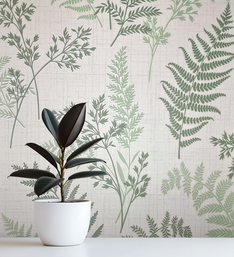 Papel pintado de ramas y hojas color verde con perfilados nacarados  Oslo Sylvan 683632