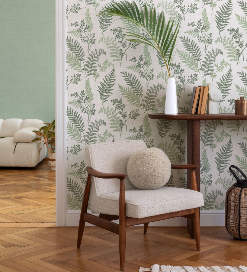 Papel pintado de ramas y hojas color verde con perfilados nacarados  Oslo Sylvan 683632