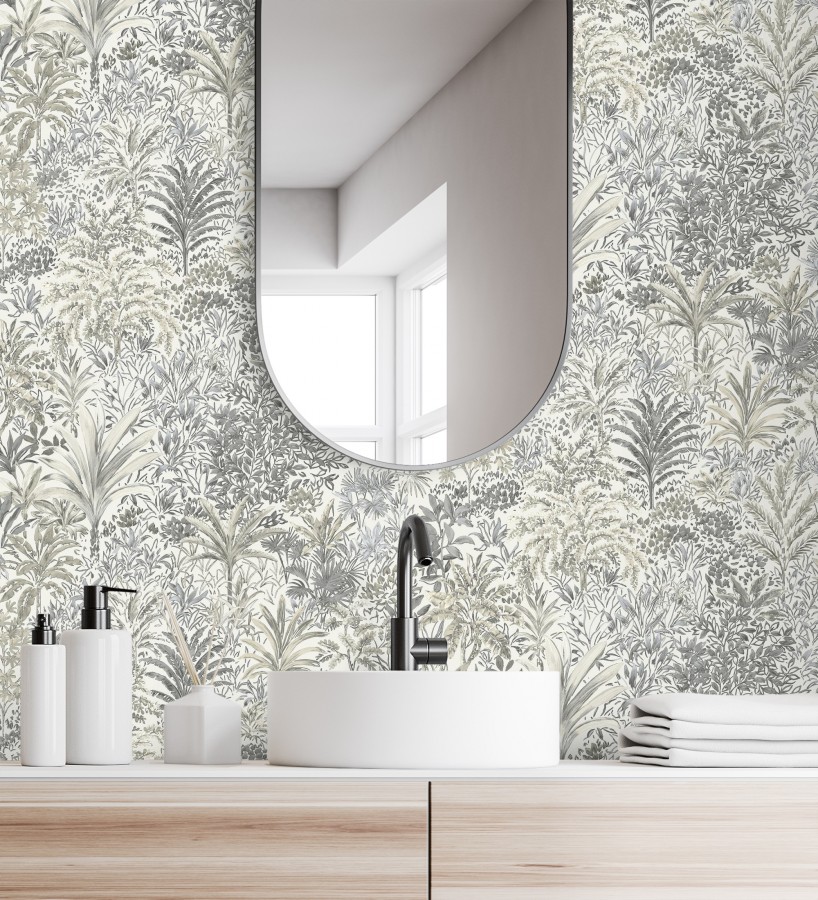 Papel pintado de selva tropical con hojas bordadas en relieve  Bali Paradise 683647