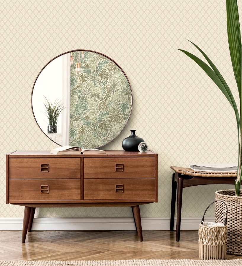 Papel pintado de rombos de capitone bordados en relieve tonos beige  Kensington Quilted 683648