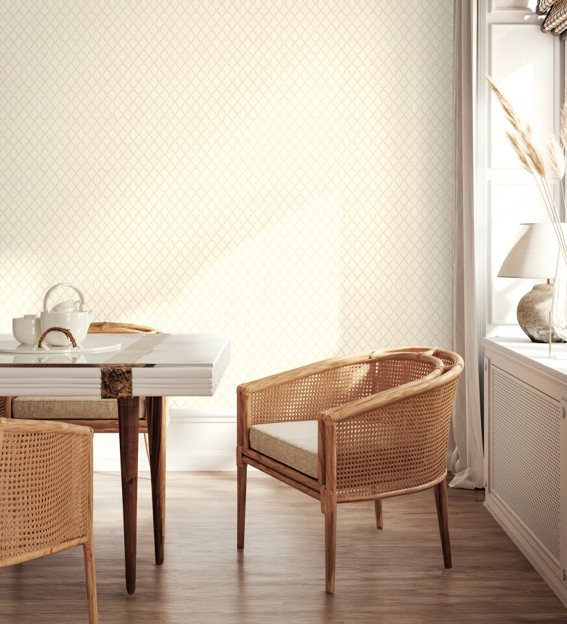 Papel pintado de rombos de capitone bordados en relieve tonos beige  Kensington Quilted 683648