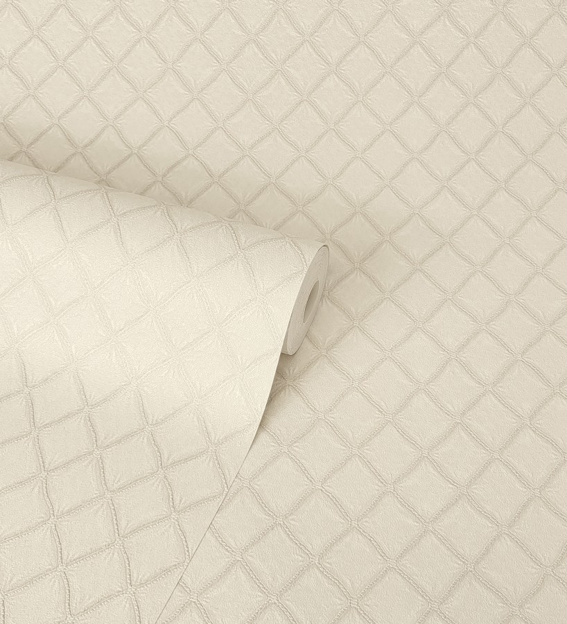 Papel pintado de rombos de capitone bordados en relieve tonos beige  Kensington Quilted 683648