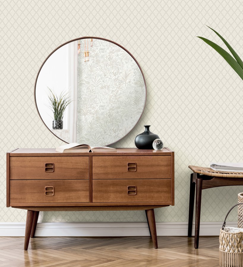 Papel pintado de rombos de capitone bordados en relieve tonos blanco roto  Kensington Quilted 683649