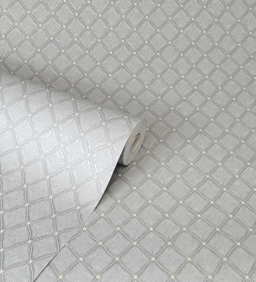 Papel pintado de rombos de capitone bordados en relieve tonos metalizados  Kensington Quilted 683650