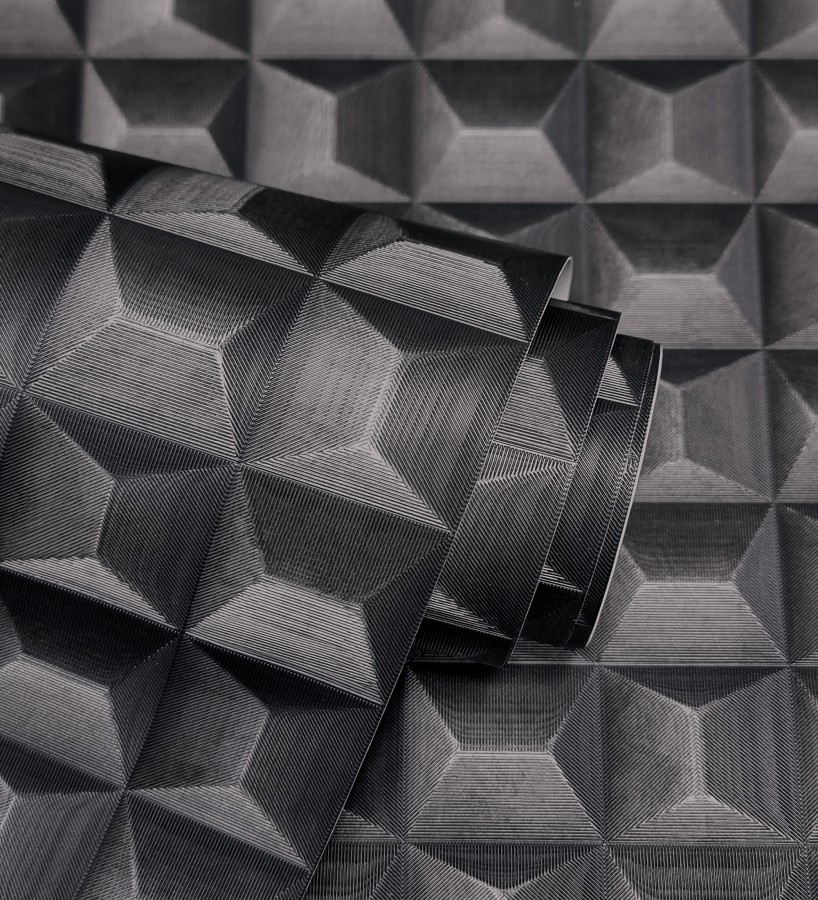 Papel pintado de cubos 3 d con textura acero cepillado color negro  Barret Dimension 683651