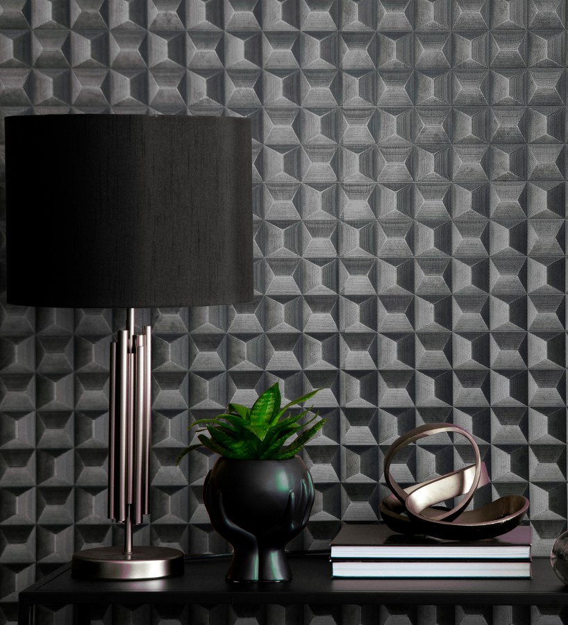 Papel pintado de cubos 3 d con textura acero cepillado color negro  Barret Dimension 683651