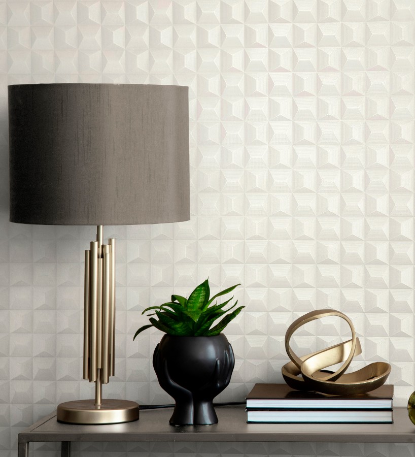 Papel pintado de cubos 3 d con textura acero cepillado color blanco roto  Barret Dimension 683652