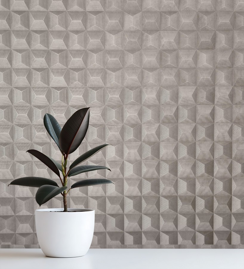Papel pintado de cubos 3 d con textura acero cepillado color gris visón  Barret Dimension 683653