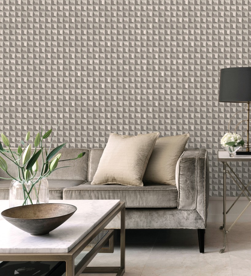 Papel pintado de cubos 3 d con textura acero cepillado color gris visón  Barret Dimension 683653