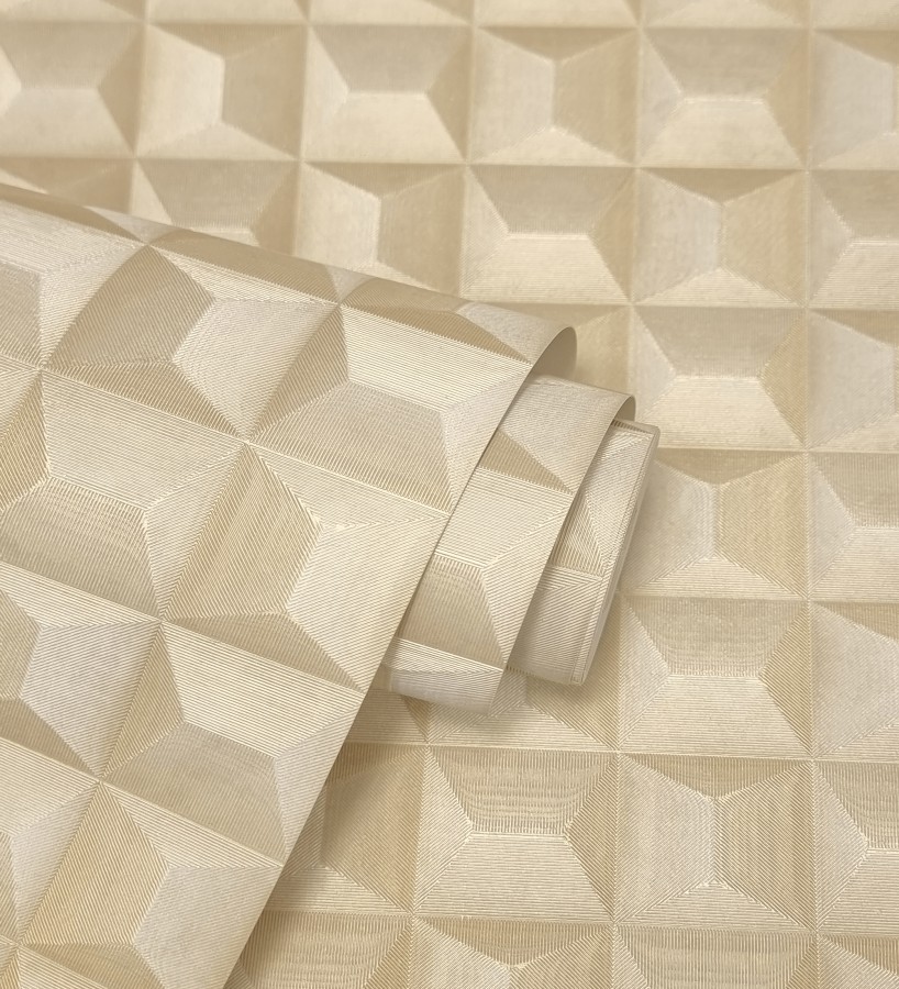 Papel pintado de cubos 3 d con textura acero cepillado color dorado  Barret Dimension 683654