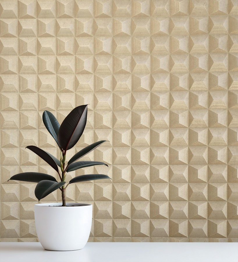 Papel pintado de cubos 3 d con textura acero cepillado color dorado  Barret Dimension 683654