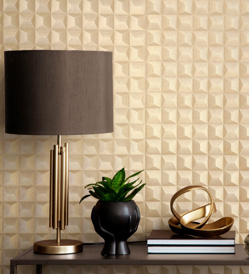 Papel pintado de cubos 3 d con textura acero cepillado color dorado  Barret Dimension 683654
