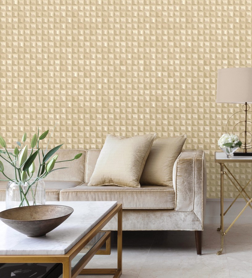 Papel pintado de cubos 3 d con textura acero cepillado color dorado  Barret Dimension 683654