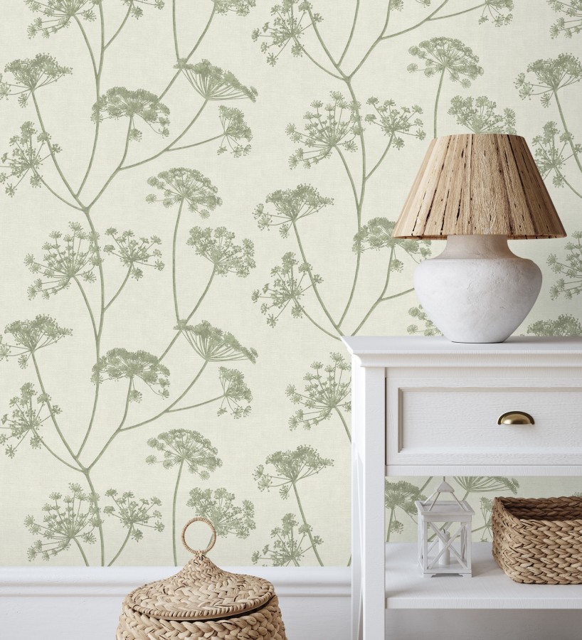 Papel pintado de hojas verdes con fondo textil en relieve  Marlow Wildflower 683655
