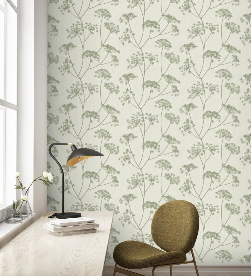 Papel pintado de hojas verdes con fondo textil en relieve  Marlow Wildflower 683655