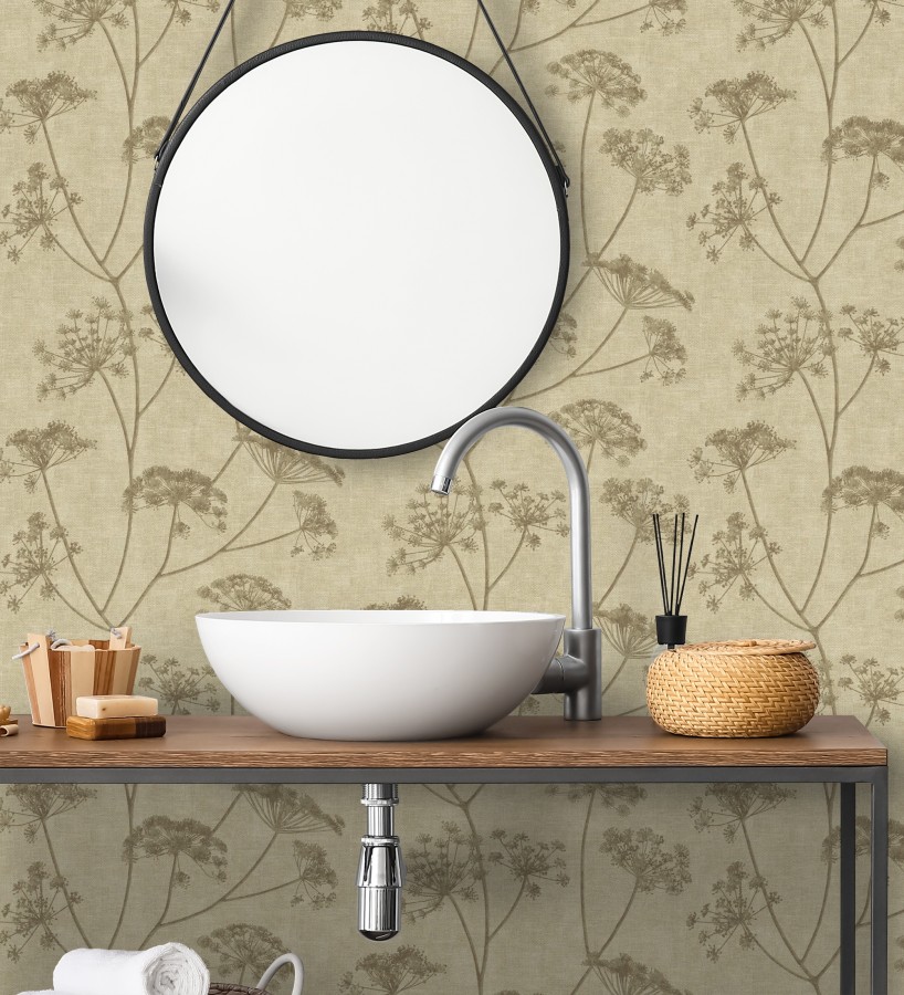 Papel pintado de hojas marrón con fondo textil en relieve  Marlow Wildflower 683656