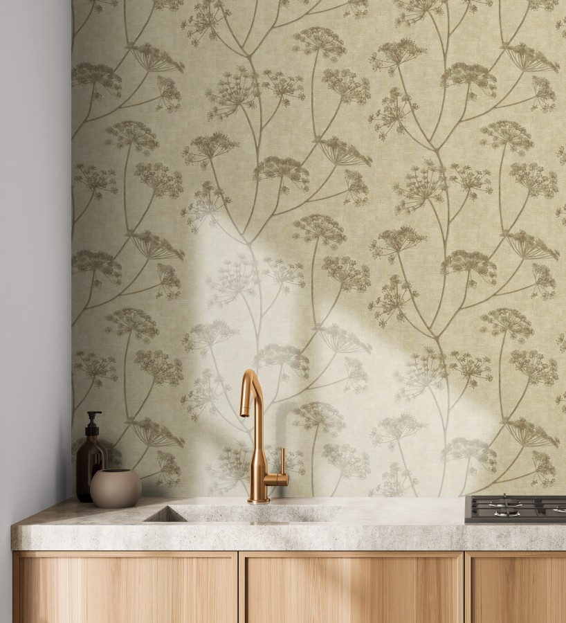 Papel pintado de hojas marrón con fondo textil en relieve  Marlow Wildflower 683656