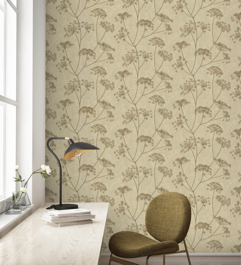 Papel pintado de hojas marrón con fondo textil en relieve  Marlow Wildflower 683656