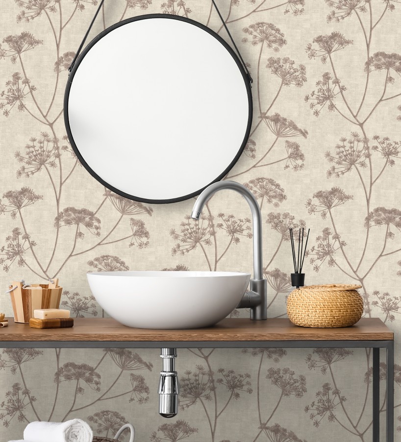 Papel pintado de hojas tono berenjena con fondo textil en relieve  Marlow Wildflower 683657