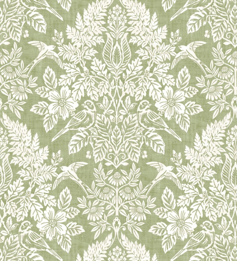 Papel pintado damasco artístico con flores y pájaros fondo verde  Charlotte Heritage 683659