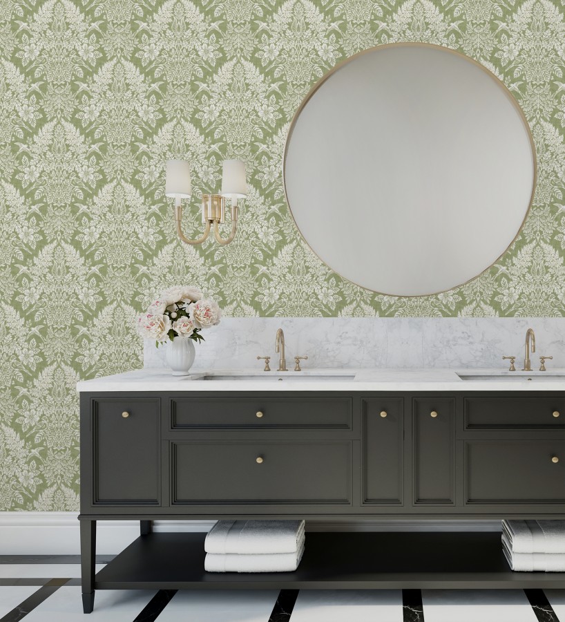 Papel pintado damasco artístico con flores y pájaros fondo verde  Charlotte Heritage 683659