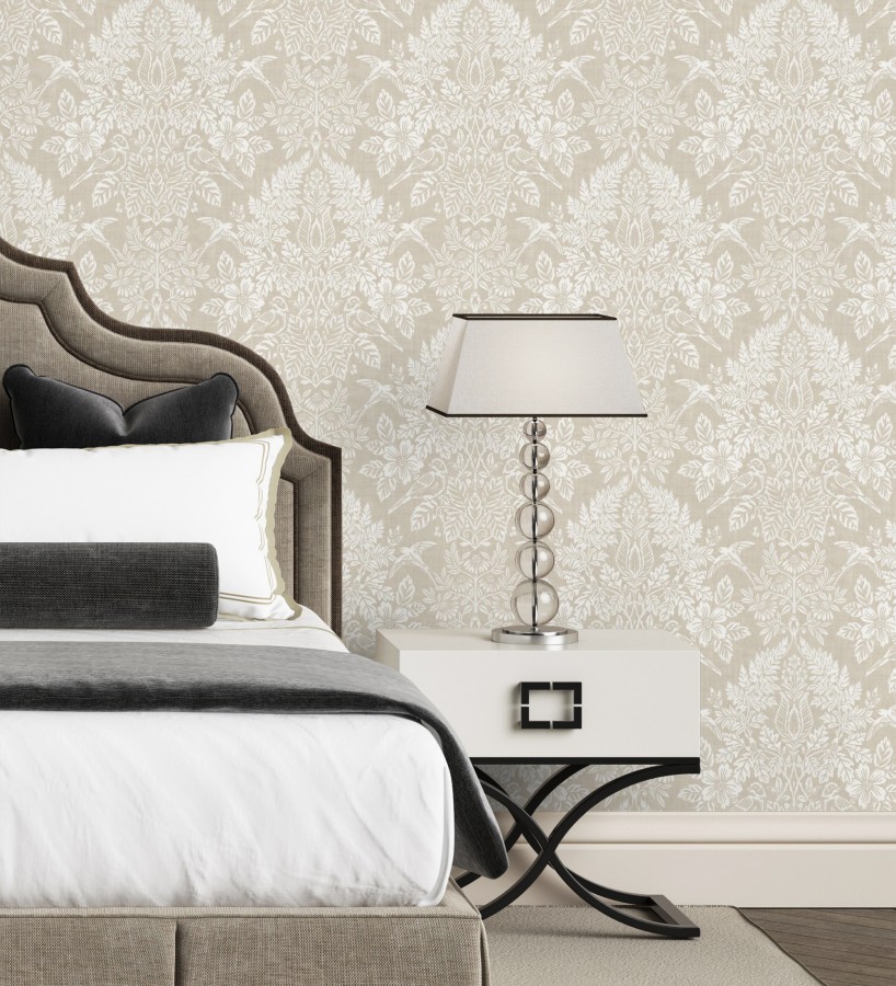 Papel pintado damasco artístico con flores y pájaros fondo beige  Charlotte Heritage 683660