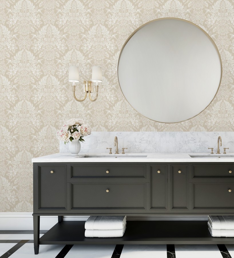 Papel pintado damasco artístico con flores y pájaros fondo beige  Charlotte Heritage 683660