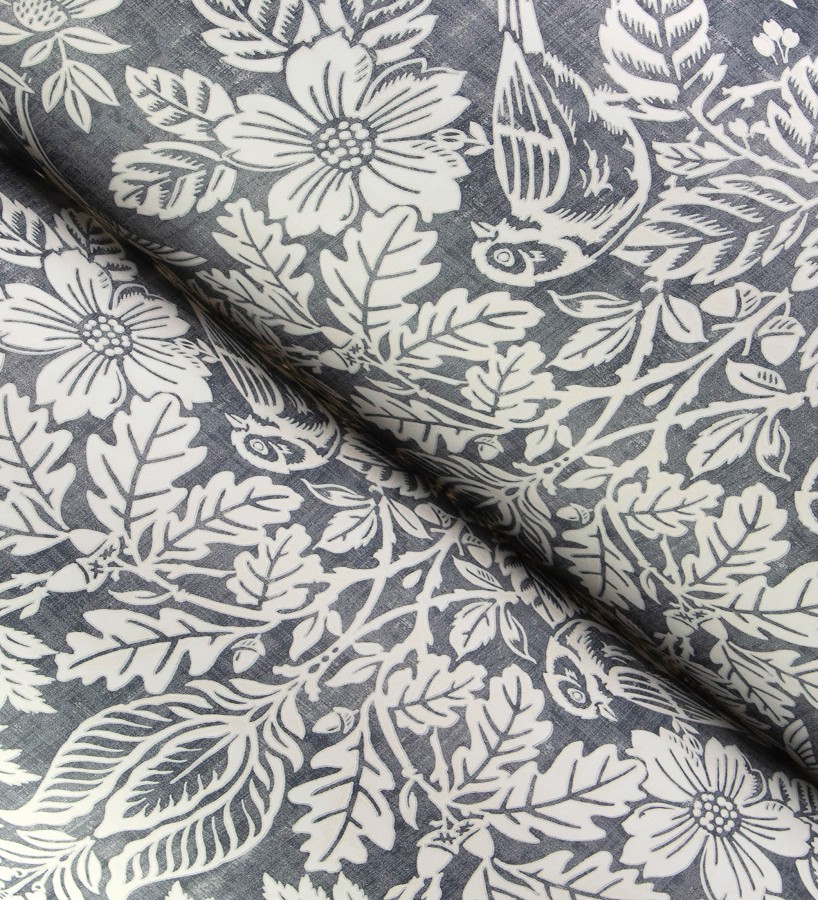 Papel pintado damasco artístico con flores y pájaros fondo gris plomo azulado  Charlotte Heritage 683661