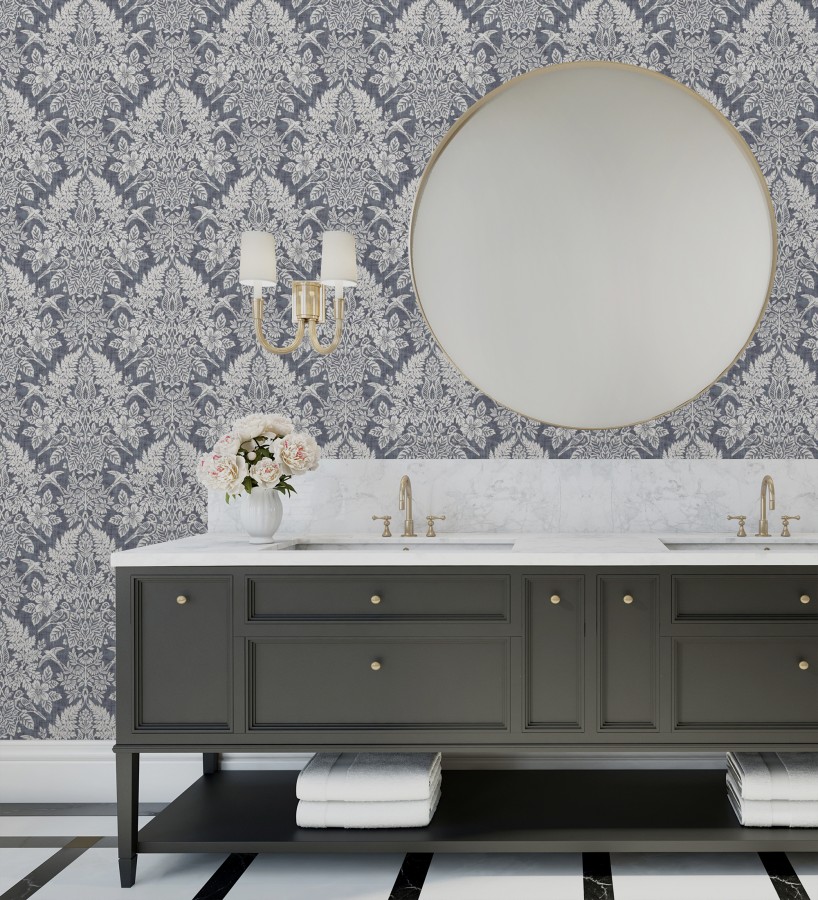 Papel pintado damasco artístico con flores y pájaros fondo gris plomo azulado  Charlotte Heritage 683661
