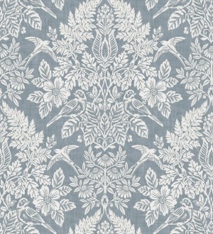Papel pintado damasco artístico con flores y pájaros fondo azul glaciar Charlotte Heritage 683662