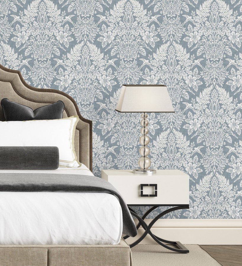Papel pintado damasco artístico con flores y pájaros fondo azul glaciar  Charlotte Heritage 683662