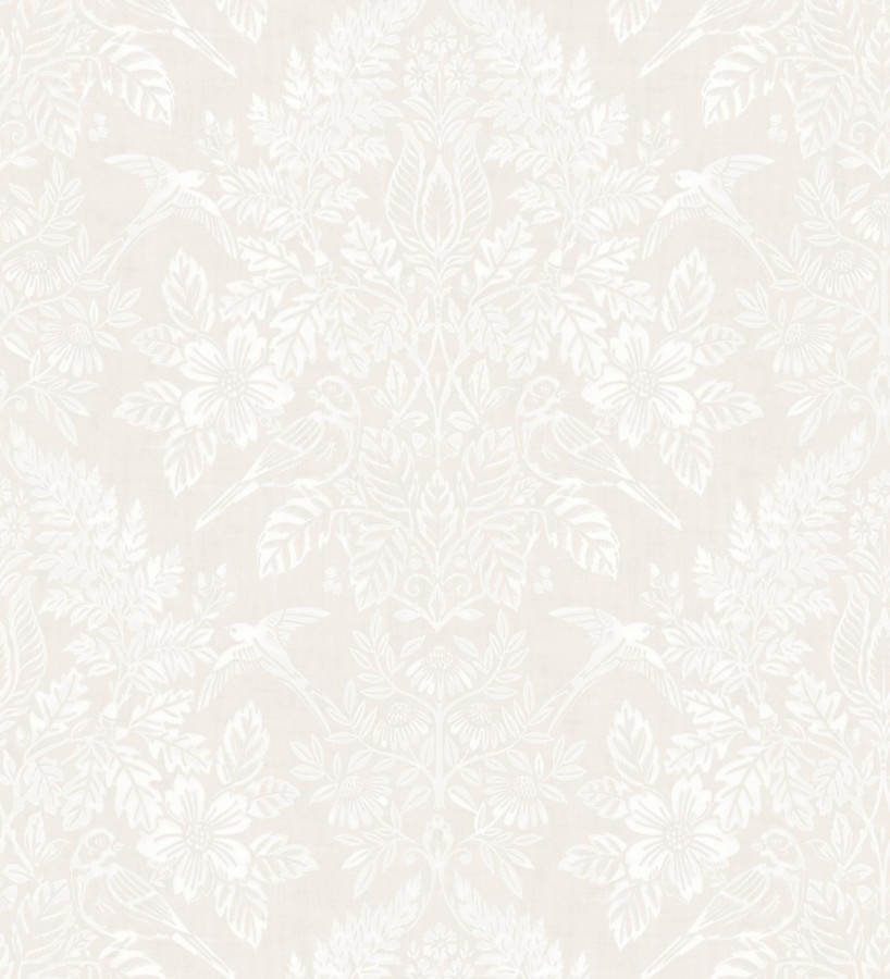 Papel pintado damasco artístico con flores y pájaros fondo nácar blanco  Charlotte Heritage 683663