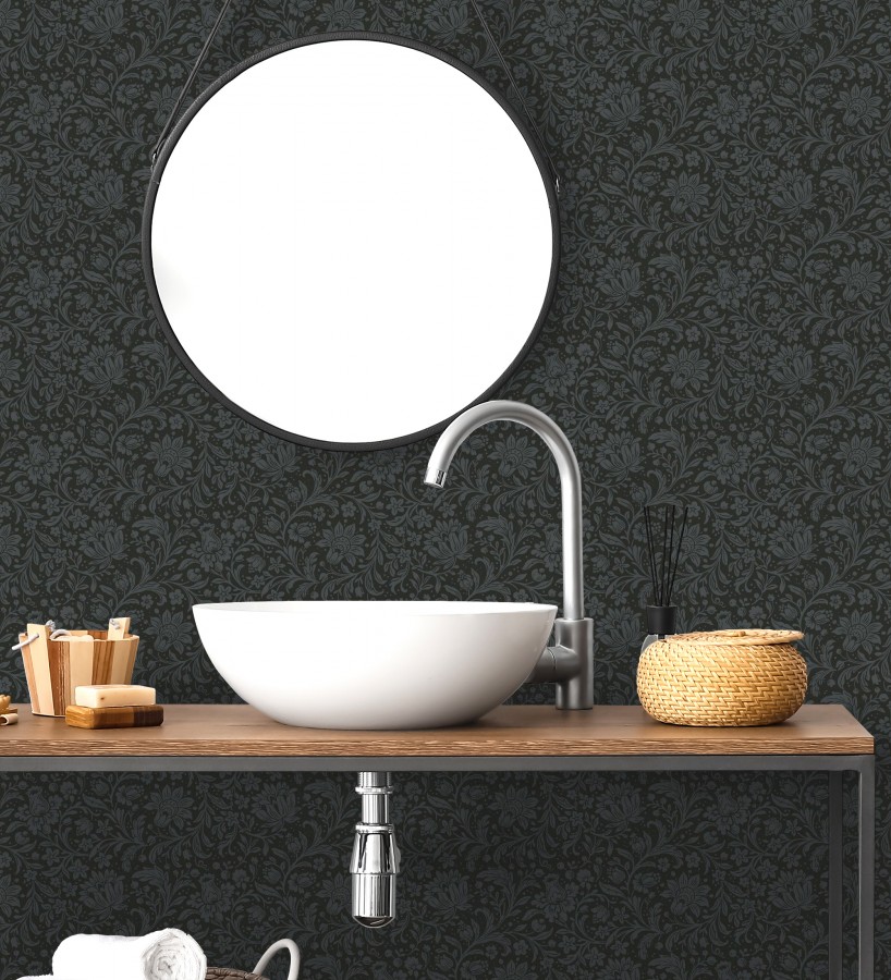 Papel pintado floral con hojas estilo vintage fondo azul oscuro  Waverly Ornate 683665