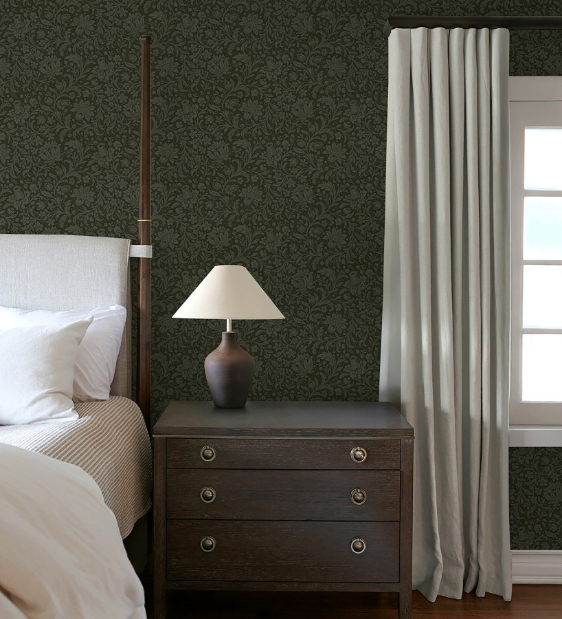 Papel pintado floral con hojas estilo vintage fondo verde oscuro  Waverly Ornate 683667