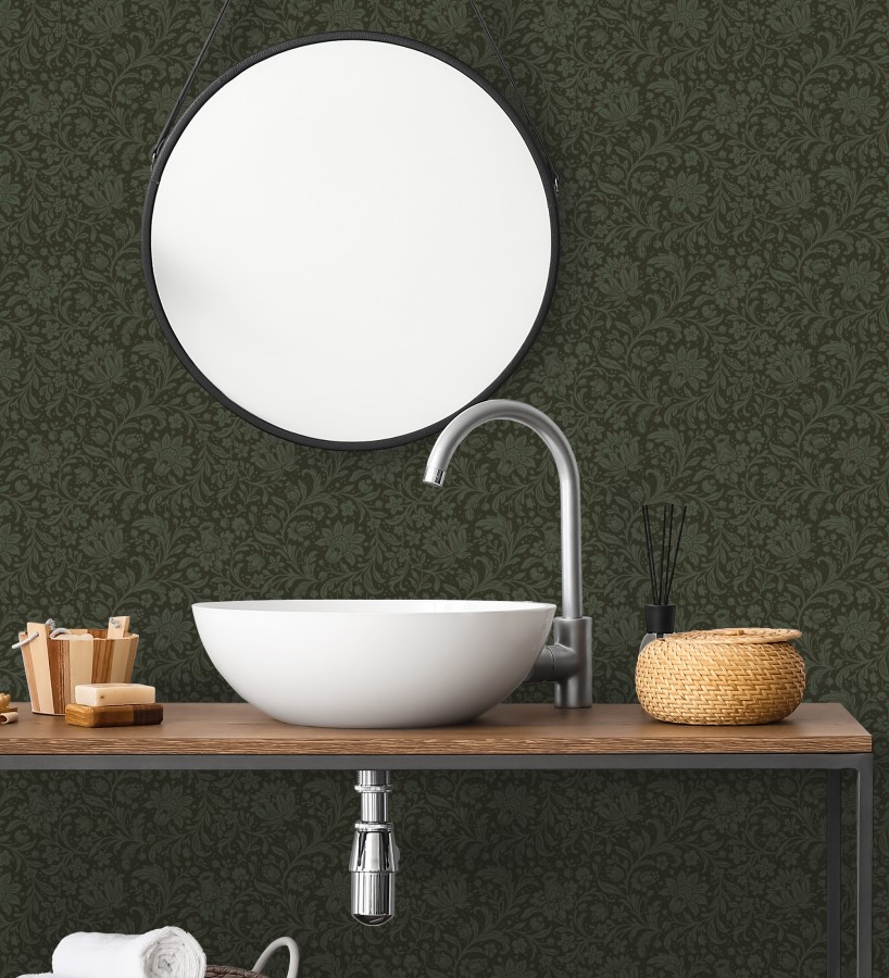 Papel pintado floral con hojas estilo vintage fondo verde oscuro  Waverly Ornate 683667