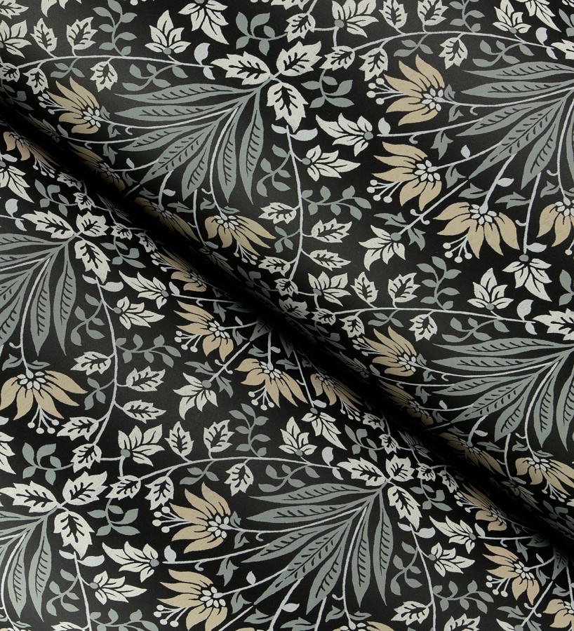 Papel pintado damasco botánico verde salvia y fondo negro  Scott Morrisian 683669