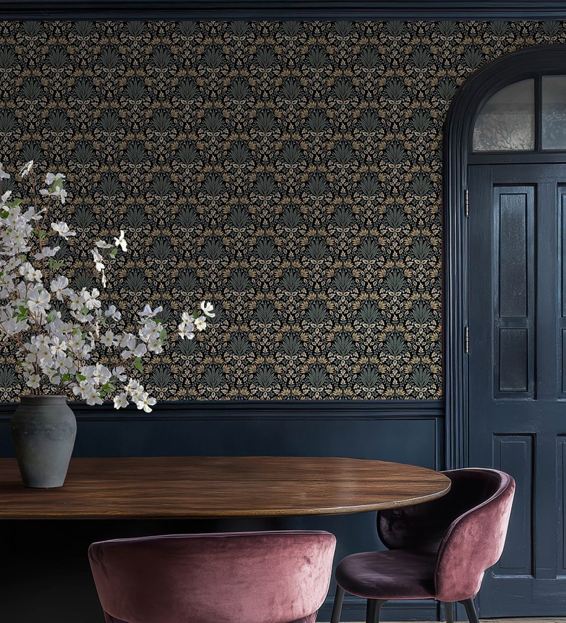 Papel pintado damasco botánico verde salvia y fondo negro  Scott Morrisian 683669