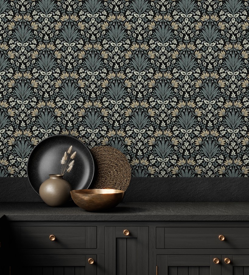 Papel pintado damasco botánico verde salvia y fondo negro  Scott Morrisian 683669