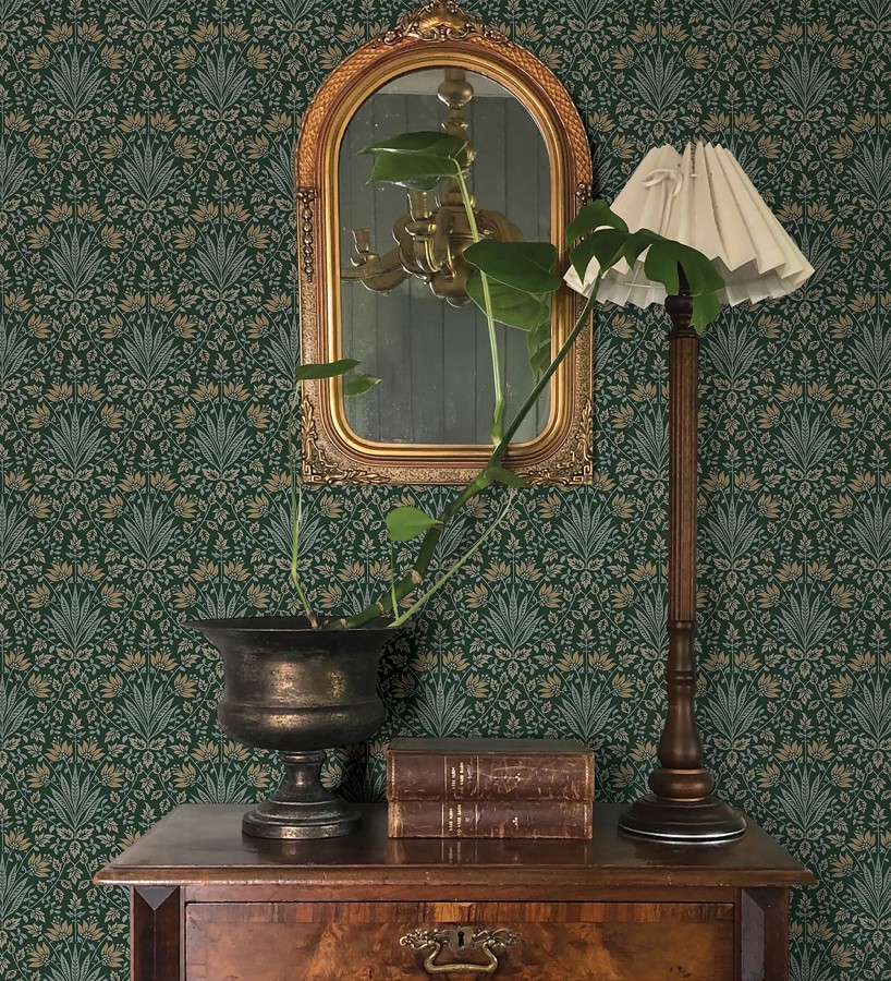 Papel pintado damasco botánico verde bosque y ocre  Scott Morrisian 683670