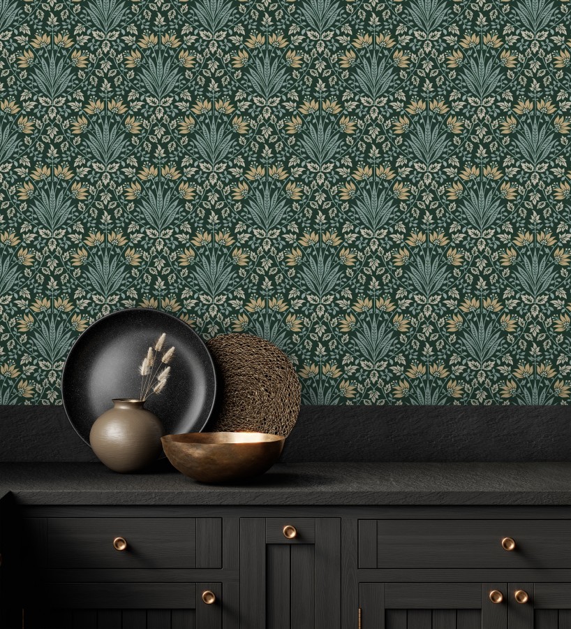 Papel pintado damasco botánico verde bosque y ocre  Scott Morrisian 683670