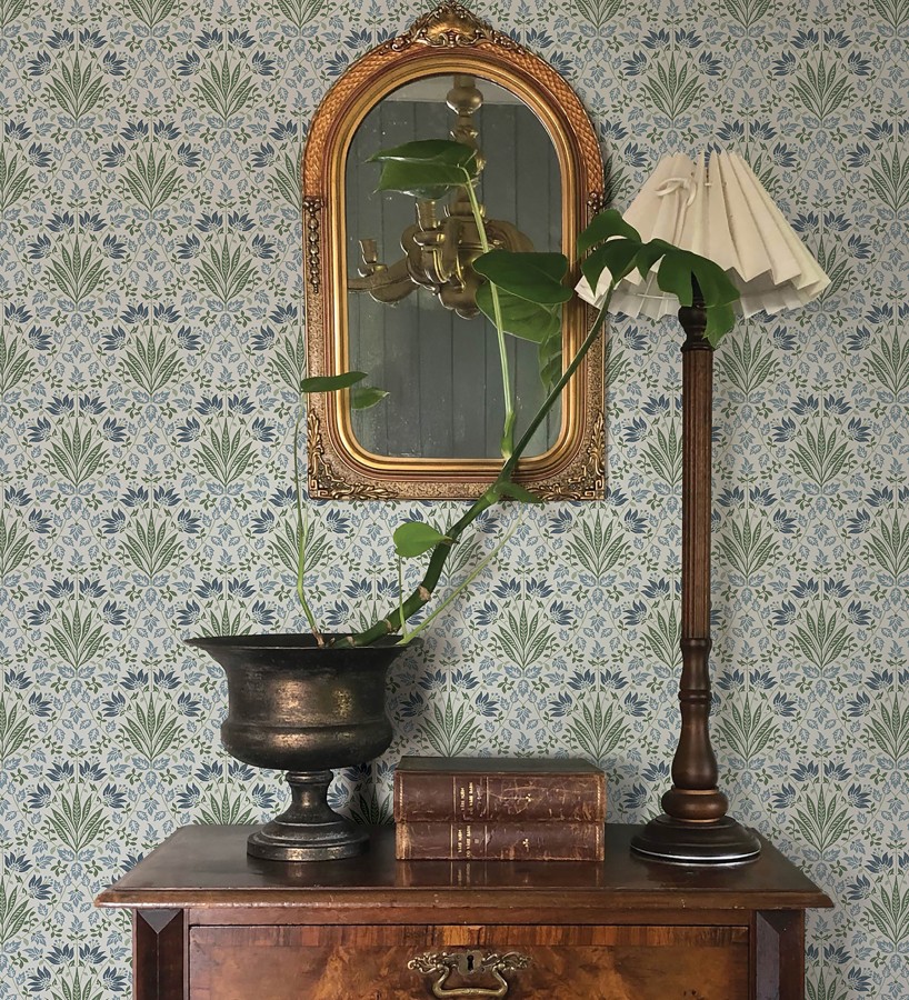 Papel pintado damasco botánico verde y azul  Scott Morrisian 683671
