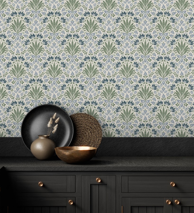 Papel pintado damasco botánico verde y azul  Scott Morrisian 683671