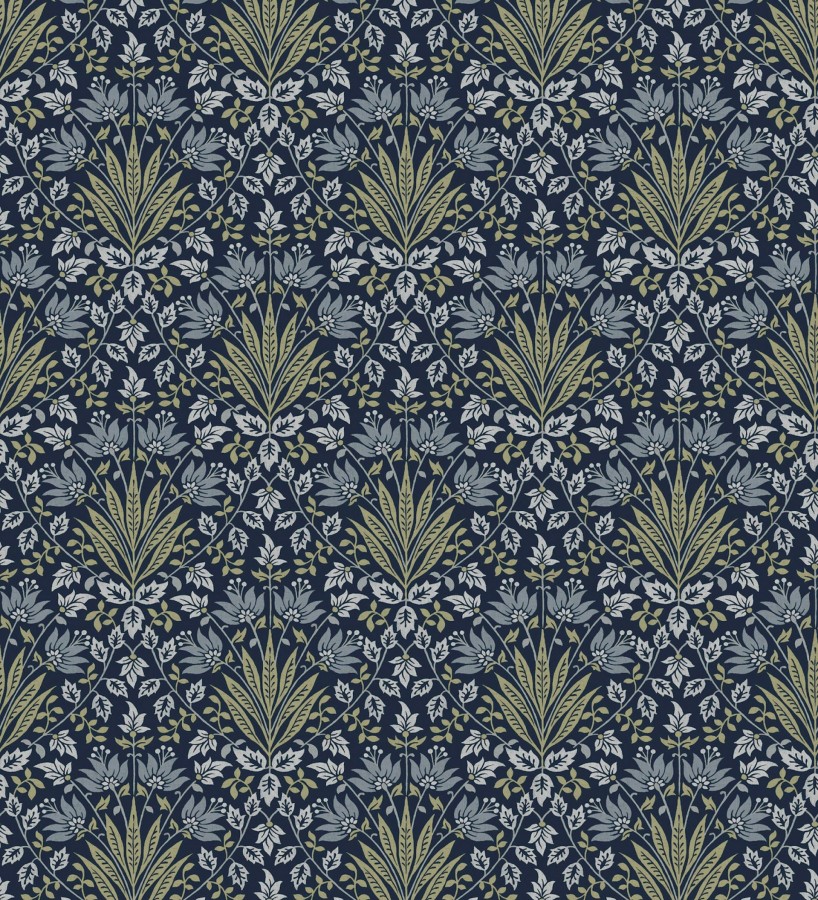 Papel pintado damasco botánico verde y fondo azul oscuro  Scott Morrisian 683673