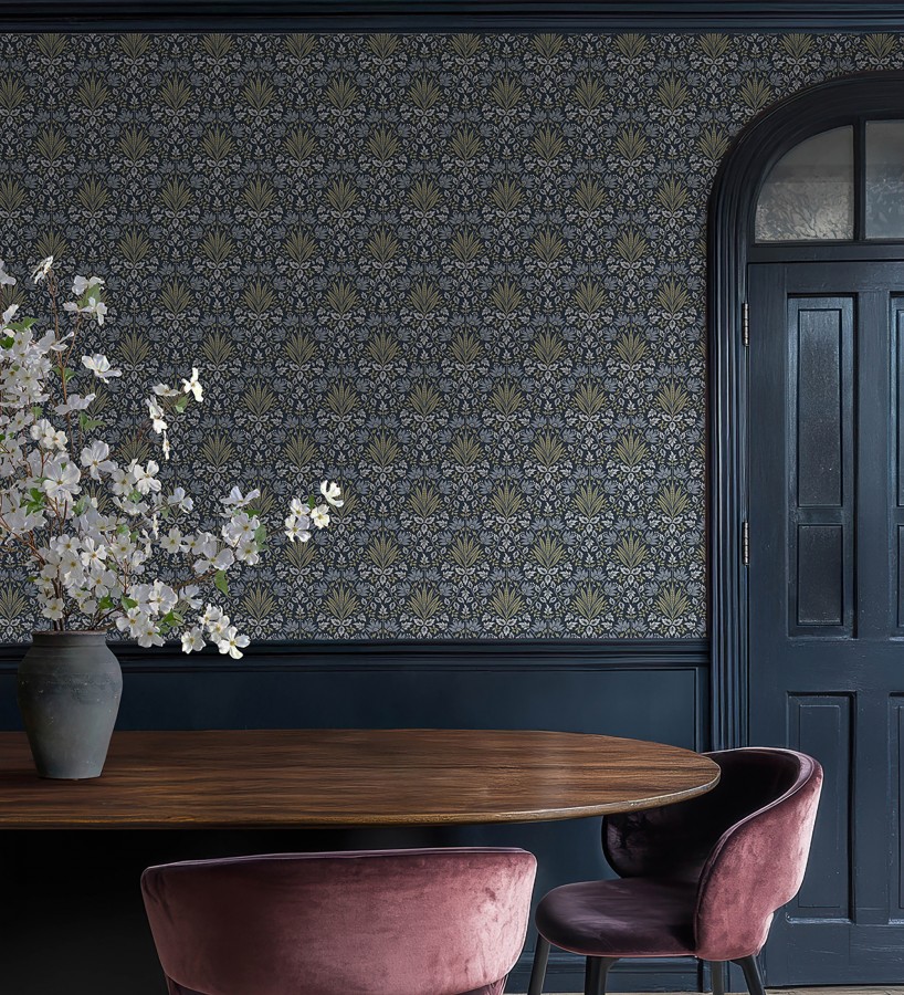 Papel pintado damasco botánico verde y fondo azul oscuro  Scott Morrisian 683673